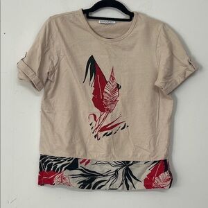 🌞 Kaktus tan short sleeve linen blouse w/roll tab sleeves desert design women M